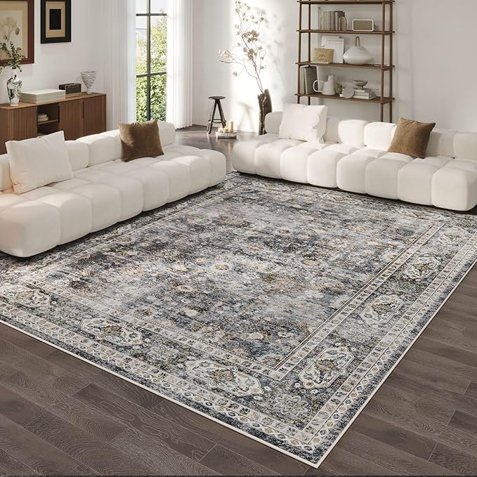 Rugcomf 8x10 Rug Washable Boho Soft Large Area Rug Non-Slip Faux Wool Vintage Rug for Living Room, Farmhouse, Dining Room, Indoor, Kids Playroom (Grey)