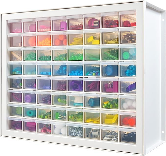 IRIS USA Bead Organizer Storage Bin Drawer Cabinet, 64-Drawer Plastic Organization Chest for Screws Bolts Nails Hardware Small Parts Electronics Charm Tools Scrapbook Art Craft Hobby Supplies - White