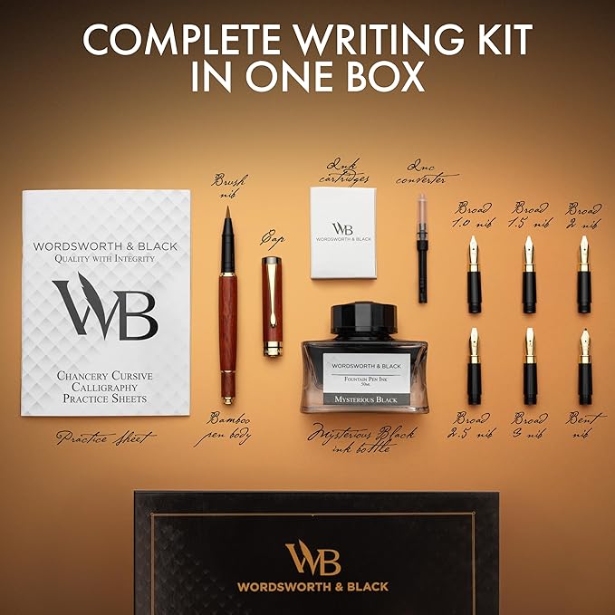 Wordsworth & Black Calligraphy Pen Gift Set, Includes Ink Bottle, 6 Ink Cartridges, Ink Refill Converter, 6 Replacement Nibs, Luxury Bamboo, Journaling, Smooth Writing Pens [Rosewood]