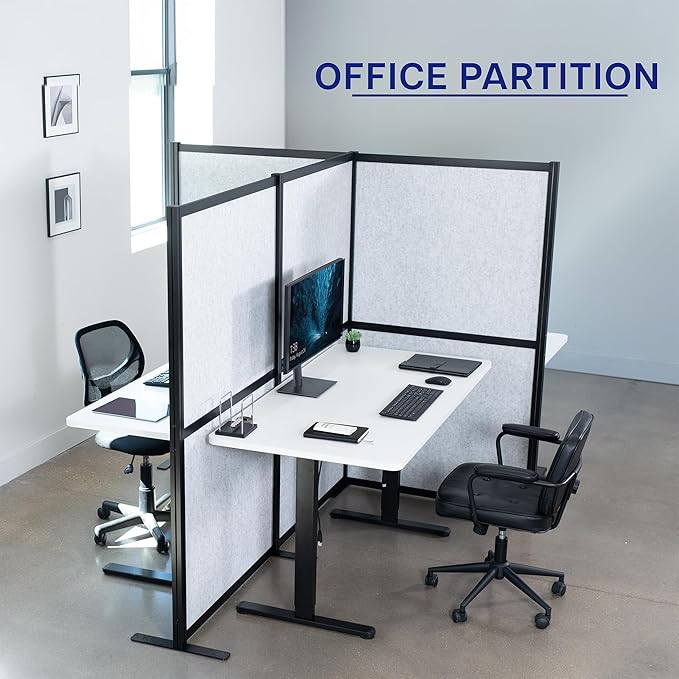 VIVO L-Shape Modular Corner Wall System, 3 Panels, Modern Professional Office Cubicle Dividers, Freestanding Privacy Screen, 66 inches High, Light Gray, Black Frame, PP-MWS63B-L