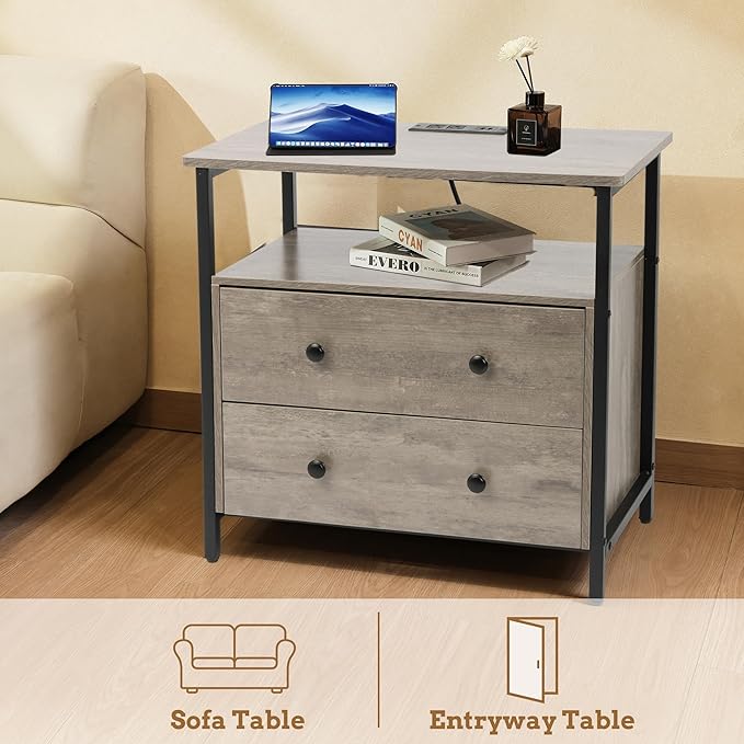 Edbuosy 27 inch Wide Night Stand with Charging Station, Bedside Table with Open Shelf, 2 Drawers Small Wood Dresser, Modern Wood Nightstand for Bedroom/Living Room (Rustic Gray)