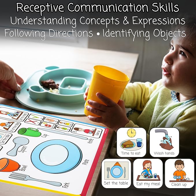 Speech Therapy Placemats for Autism & Non-Verbal Kids (6 Pack) – Visual Communication Boards, ABA Therapy Tools, Toddler Speech Delay Aids – Smarty Mats Waterproof Wipe-Clean Mealtime Mats
