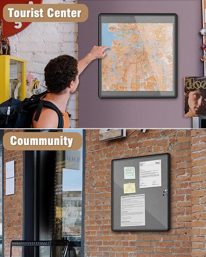 Mifuro 28"x26" Enclosed Bulletin Board, Lockable Weather-Resistant Aluminum Cork Noticeboard for School & Office, Black Frame w/Grey Flet