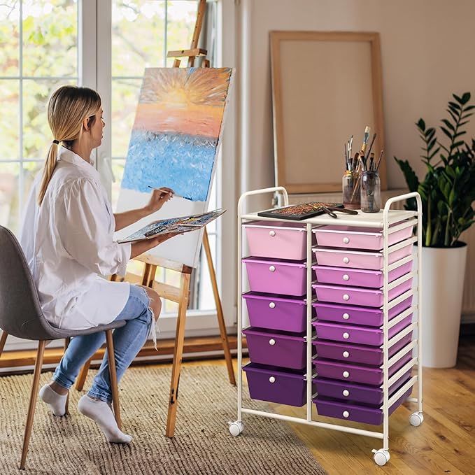 DORTALA 15-Drawer Rolling Storage Cart with Drawers, Rolling Utility Cart w/Removable Drawers & Universal Wheels, Tools Scrapbook Paper Organizer for School, Office, Home, Classroom (Gradient Purple)
