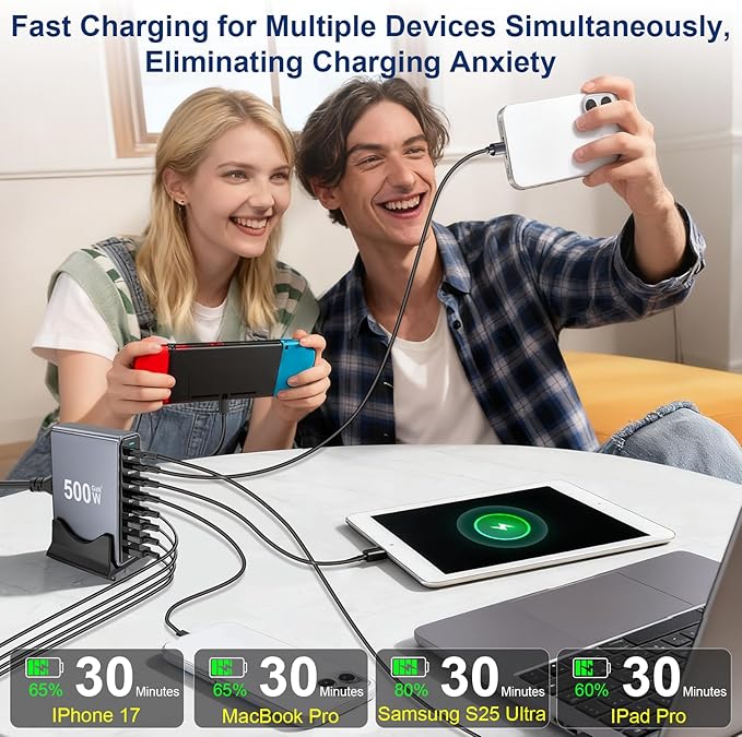 500W USB C Fast Charger Block, PD3.1 140W 8 Port USB Charging Station, GaN Ⅲ Pro PD PPS Fast Charging Station for Multiple Devices,Laptop Wall Charger Compatible with iPhone 17/iPad/MacBook etc