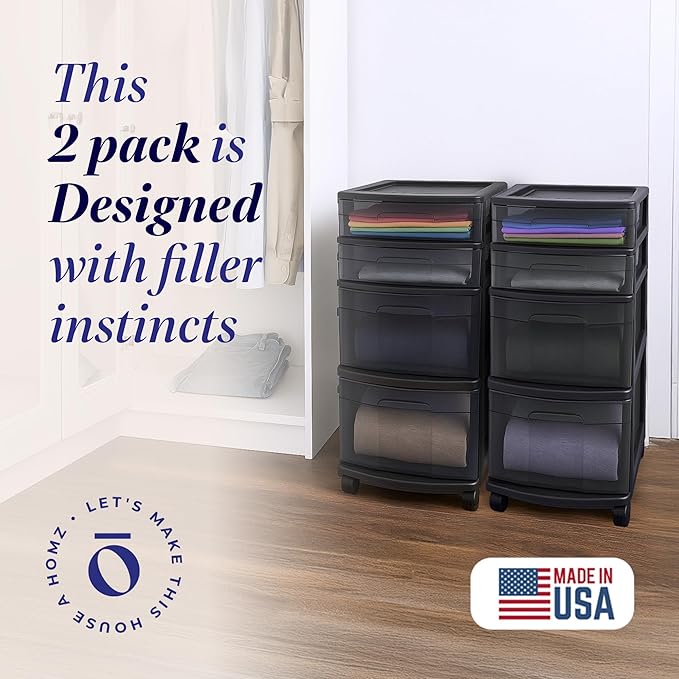HOMZ 2-Pack Drawer Tower, 4-Tier Clear Plastic Storage Organizer Cart, Black Tint and Frame - Organizing Containers with Wheels for Home, Bathroom, Bedroom, Office, and Classroom