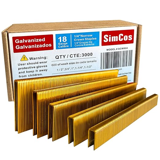 SimCos 18 Gauge 1/4" Narrow Crown Staples (1-1/2",1-1/4" 1", 3/4", 1/2"), Galvanized Assorted Sizes for 18 GA Pneumatic or Electric Stapler or Staple Gun,Project Pack (Assembly 3000)