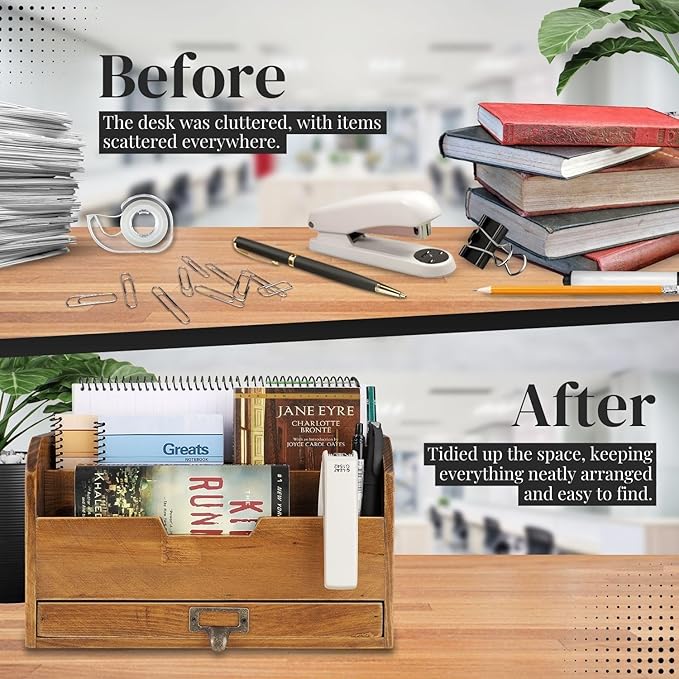 Flexzion 3 Tier Wooden Desk Organizer - Country Rustic Compartments Slot File Tray Pencil Sorter Shelf Holder Supplies Rack Accessories Set with Storage Drawer for Desktop Tabletop Office Home Brown