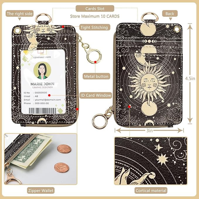bolimoss Sun and Moon Lanyard Wallet, Boho Lanyard with Wallet,ID Badge Holder with Neck & Wristlet Lanyard, Pu Leather Zip Id Case Wallet with Breakaway Lanyard, Keychain Wallet for Women