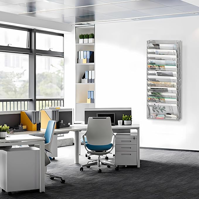 EasyPAG Wall File Holder 14 Tier Mesh Hanging Folder Organizer with Flat Tray Wall Mounted Mail Organizer Magazine Paper Desk Shelf with Nametag Label for Office Home School, Silver