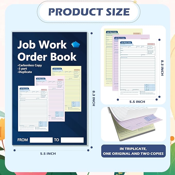 150 Sets Job Work Order Form Book 3 Part Carbonless Work Order Invoice Book 5.5 x 8.3 inch Job Order Forms with Numbers and Tear Off Top with Hard Backing for Business Service (3)