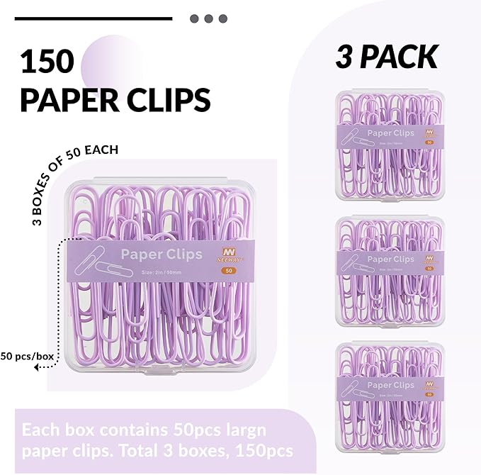 NEEWAY Colorful Large Paper Clips, 2 Inch Jumbo Paper Clips, 150 Count, 3 Pack of 50 (Light Purple)