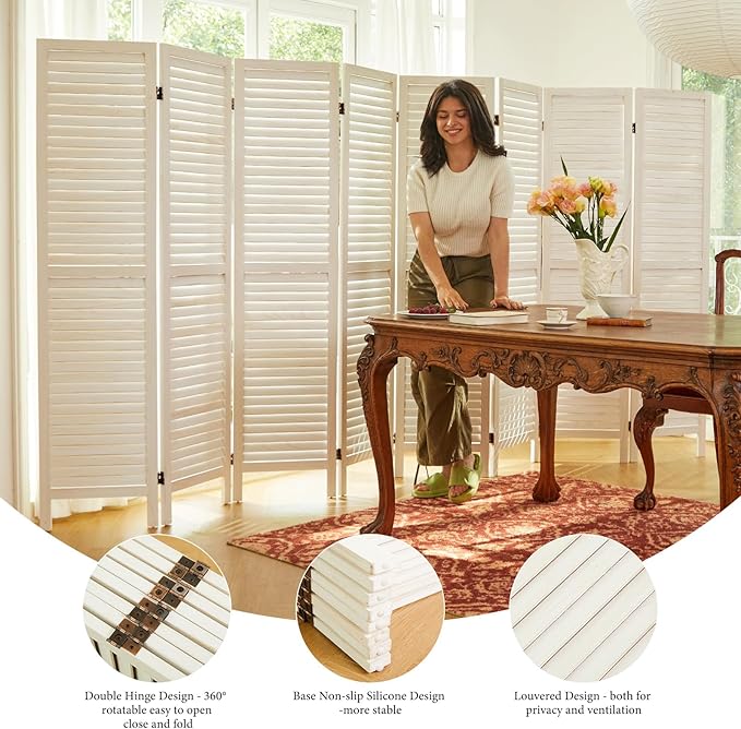 Room Dividers and Folding Privacy Screens, Wood Louvered Separators Divider Wall for Home Office Bedroom - 8 Panels (White-Washed)