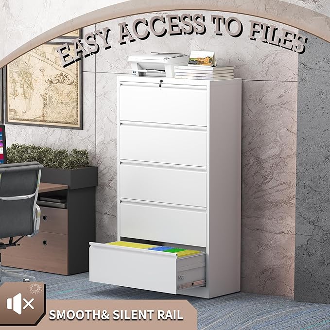 mysteeldepot 5 Drawer Lateral File Cabinet with Lock, Metal File Cabinet, Lateral File Cabinets for Home Office, Heavy Duty File Storage Cabinet for Legal/Letter/A4 Document, Assembly Required, White