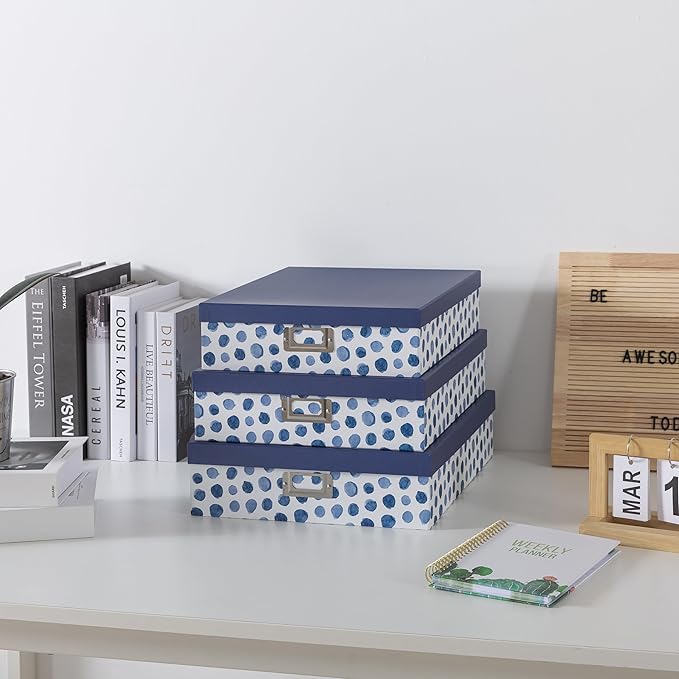 Soul & Lane Blue Spots Decorative Storage Boxes with Lids, Set of 3 Memory Boxes for Keepsakes, Nesting Letter Cardboard Document Storage for Organizing, Photos, Scrapbook