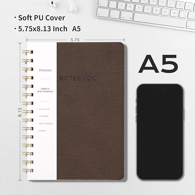 Spiral Notebook-5.75" x 8.125" College Ruled Journal with Inner Pockets and 160 Pages,PU Leather Cover Business Journal, Twin-Wire Binding Notebook Perfect for Office & Home School Supplies Coffee
