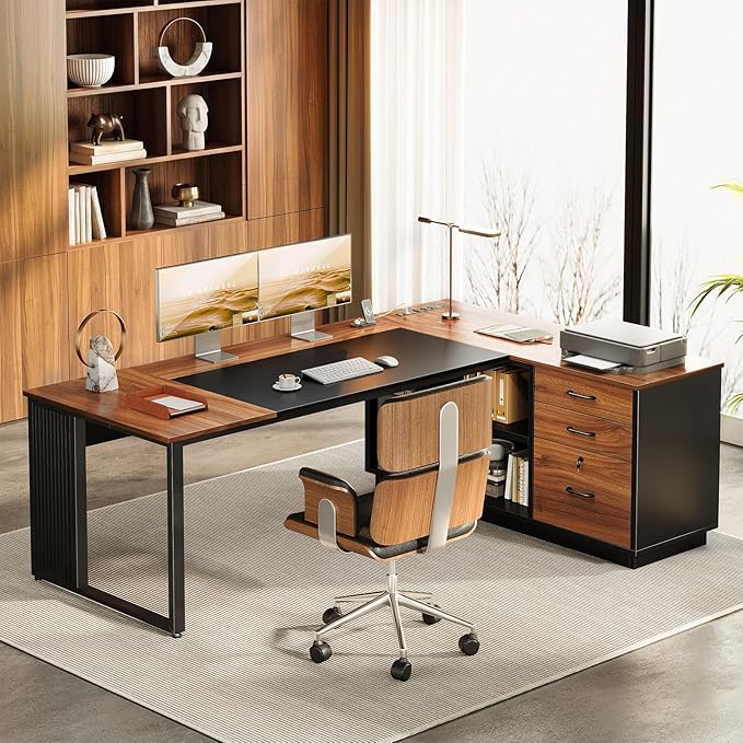 AODK 71 Inch Executive Desk, L Shaped Desk with Drawers and File Cabinet, Large Office Desk with Storage Shelves, Corner Computer Desk for Home Office, Walnut + Black