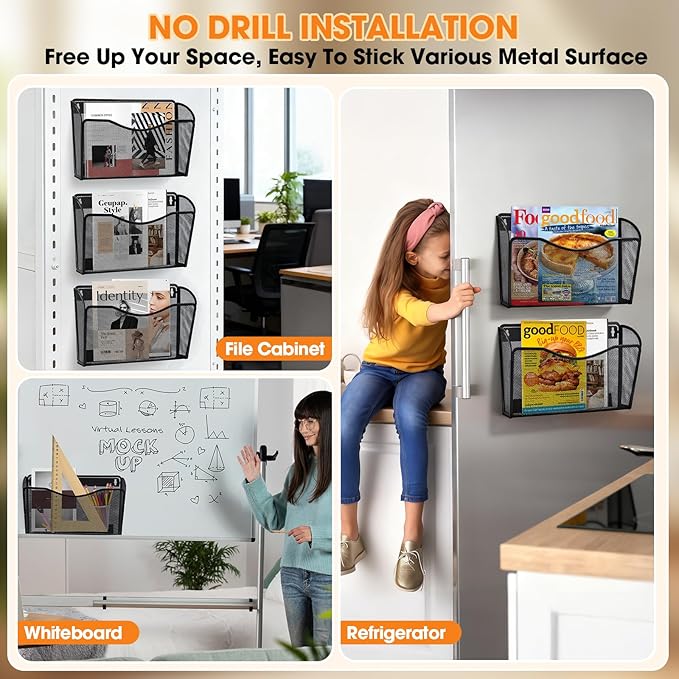 AGPTEK Magnetic File Holder, 3PCS File Paper Mail Organizer No Drilling Magnet Paper Mail Organizer Magazine Basket, Hanging Wall Storage Rack for Fridge Cabinets Office Classroom