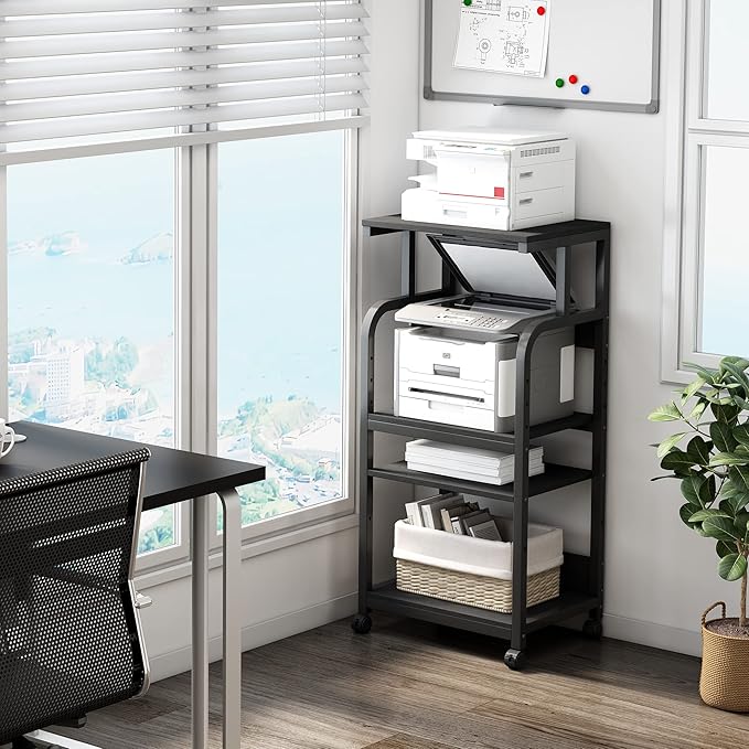 Fannova Printer Stand with Adjustable Shelf, 4 Tier Large Tall Printer Table with Wheels for Home Office Storage and Organization, Rolling Stand Cart for Computer Tower CPU Shredder, Black