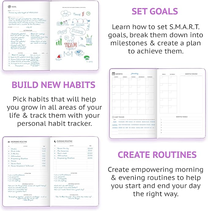Wyze Planner Undated Daily Planner – 1-Year B5 Productivity Organizer with Two-Page Weekly Spread, Goal Setting, Habit Tracker, Weekly & Monthly Pages – Hardcover Time Management Notebook (Lilac)