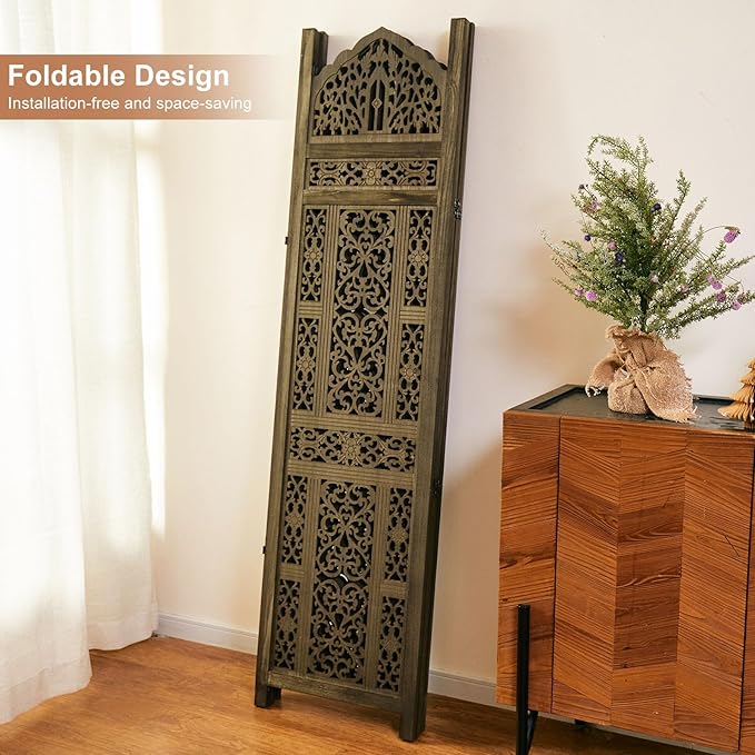 5.75Ft Room Divider Wood Screen, 33Lbs Durable Antiqued Style MDF Carved Headboard, Reversible Freestanding Folding Partition Paravent for Home Terrace, 69 * 71 inch(H*W) - 4 Panels (Antique Brown)