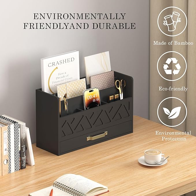 WISUCART Bamboo Mail Organizer Countertop Wood Desk Organizer Drawer Tabletop Storage Box Letter Sorter Makeup Organizer for School Home Office Supplies Black