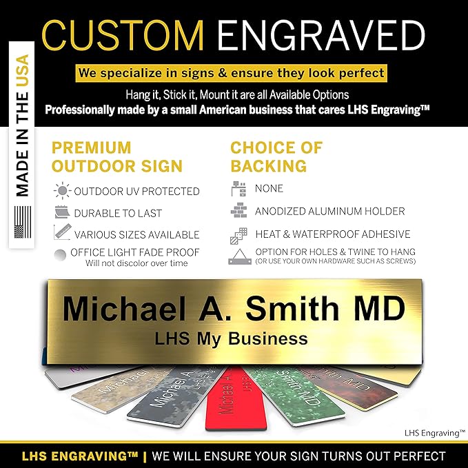 Personalized Name Plate with Choice of Mounting Holders for Walls, Doors, Cubicles, Hanging and More - Custom Brushed Brass Plastic Black Letters - USA Made 2x6 - M6