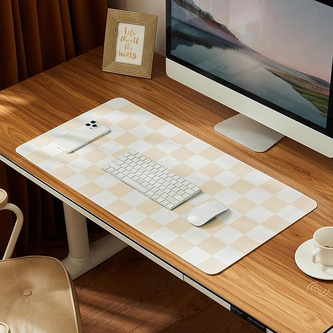 Ohocut Checkered Desk Mat, 31.5" x 15.7" Large Cute Beige Sand Aesthetic Retro Accessories, PU Leather Computer Laptop Desk Mat Mouse Keyboard Pad, Desk Writing Makeup Mat for Vanity/Work/Home Decor