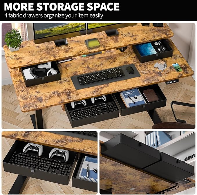 Kingant 63 x 30 Inch Electric Standing Desk with 4 Drawers, Adjustable Height Computer Desk for Home Office, Large Workstation Sit Stand Up Desk with Built-in USB A/C Charging Ports, Rustic Brown