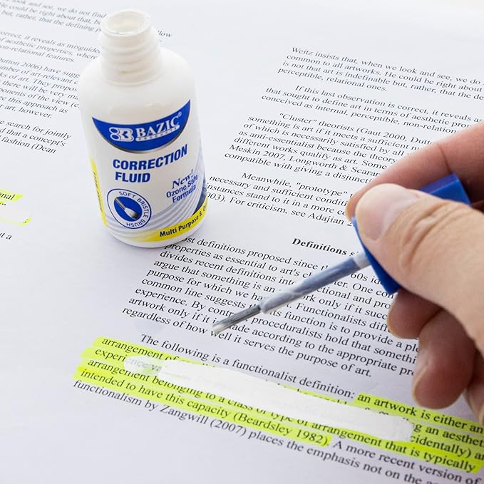 BAZIC Products Correction Fluid (0.7 oz / 20 ml), Soft Bristle Brush Applicator, Instant Corrections Pen White Out Wipe Out Liquid (2/Pack), 24-Packs