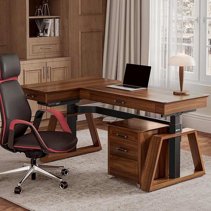 EUREKA ERGONOMIC L Shaped Desk 63", Solid Walnut Wood Top, Executive Standing Desk Adjustable Height, Dual Motor Corner Workstation with Drawers & Monitor Shelf for Home Office, Left