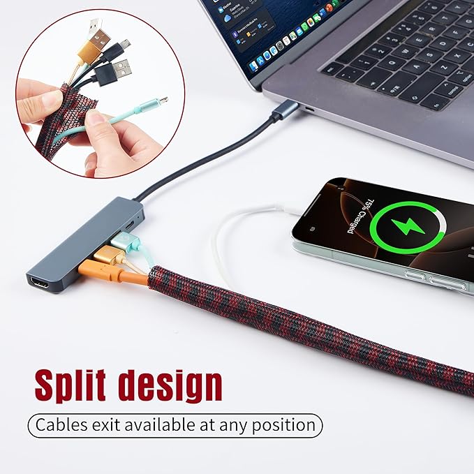 QCSIW Split Cable Sleeve, 1/2 Inch 100ft Black Red Braided Wire Loom for Home Cable Management, Pet Chew Protection and DIY Cord Organizer for Desk and Home Theater