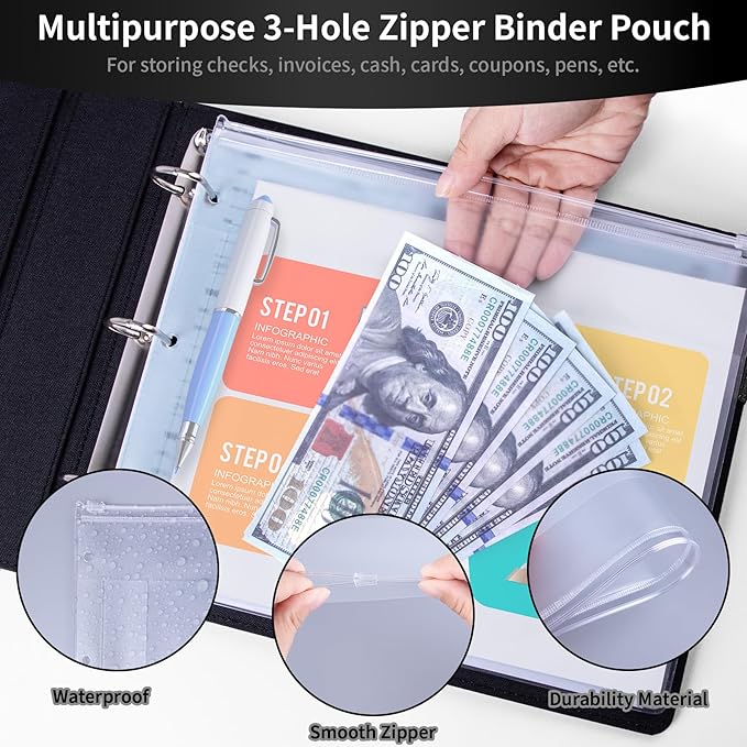 Antner 3 Ring Personal Check Binder for 3-on-a-Page End-Stub Deskbook & Personal 3 Holes or 9 Holes Small Size Checks, PU Leather Check Holder Checkbook Binder Cover with Zipper Pouch, Black