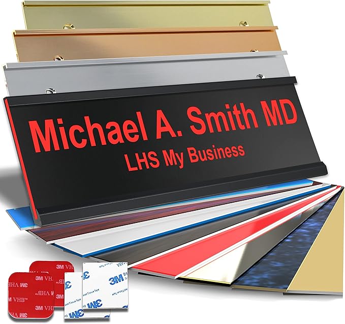 Custom Name Plate for Doors, with Choice of Mounting Holders for Walls, Doors, Cubicles, Hanging and More - Personalized Black Plastic Red Letters - USA Made 2x6 - B19