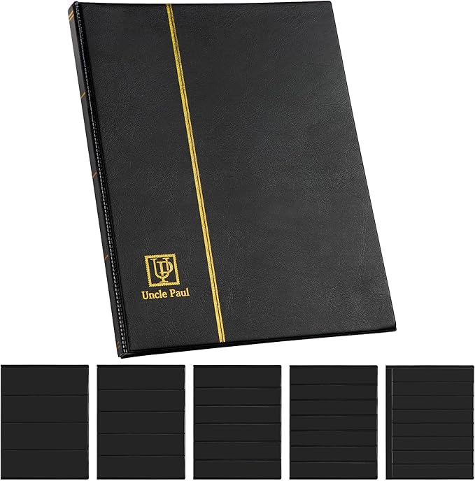 120 Pockets Stamp Album - Mixed Sizes Double-side Pages Artificial Leather Postage Stamp Holder Storage Book for Currency Banknotes Paper Folding Money Bills Documents Collection Black AS03MX1BK