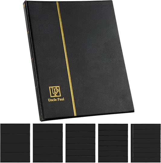 120 Pockets Stamp Album - Mixed Sizes Double-side Pages Artificial Leather Postage Stamp Holder Storage Book for Currency Banknotes Paper Folding Money Bills Documents Collection Black AS03MX1BK