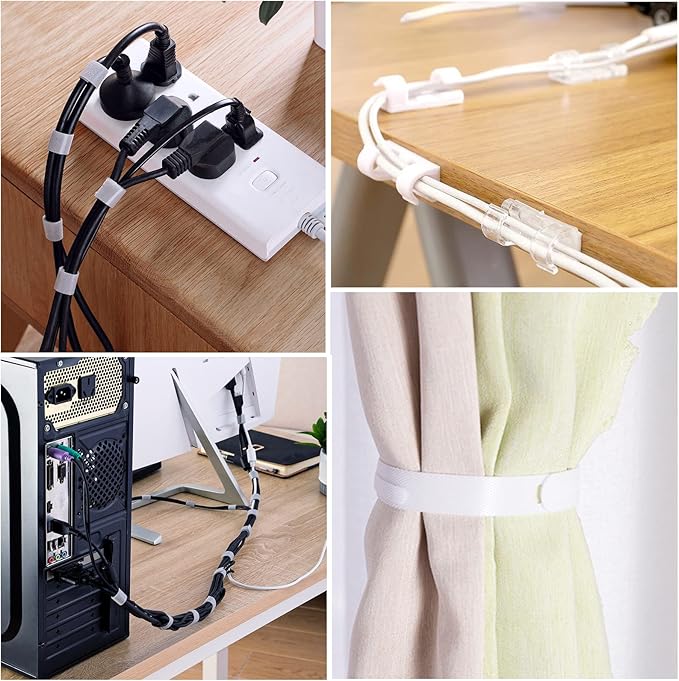 DRIVUU White Cable Management Organizer Kit 4 Cable Sleeve Split,47Cable Clips 12Cord Clips Holder,22 Cable Ties, 20 Adhesive Wall Cable Tie, 200Fasten Cable Ties for TV Electronics