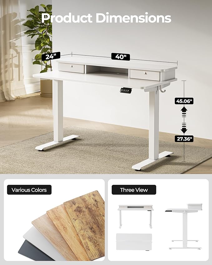 FEZIBO 40 x 24 Inch Height Adjustable Electric Standing Desk with Double Drawer, Stand up Home Office Computer Desk with 4 Height-Adjustable Feets & 2 Hooks, White