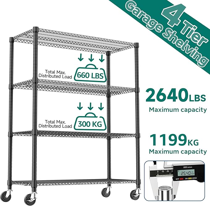 M MZG 4 Tiers Shelf 2640 lbs Steel Storage Shelving Utility Shelving Unit Steel Organizer Wire Rack for Home,Kitchen,Office,Garage Black 23.6" D x 53.1" W x 73.6" H