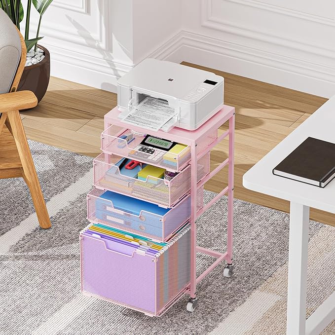 Sbanmao 4 Drawer Rolling File Cart Under Desk Storage, File Cabinets for Home Office, Mobile Filing Cabinet, Hanging File Organizer with Wheels, Utility Cart Printer Stand, Pink (Patent Pending)