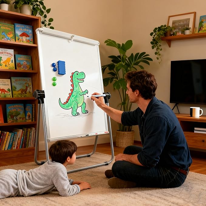 KIZZBY Double Sided White Board with Stand - 36" x 24" Portable Magnetic Flip Easel Whiteboard U-Stand Height Adjustable & 360° Rotation Dry Erase Board for Home Office Classroom