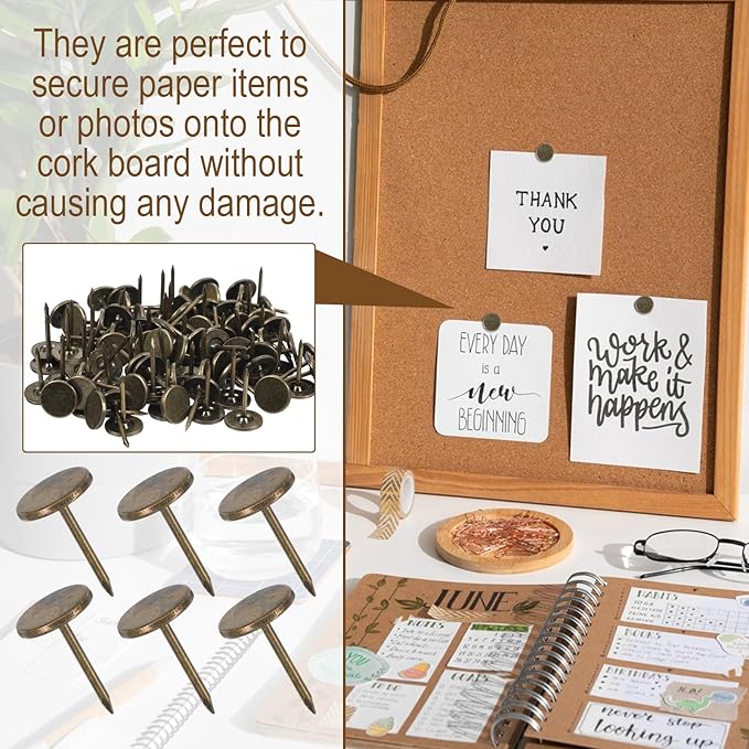100 Pcs Heavy Duty Thumb Tacks, 7/16 Inch Flat Head Carpet Tacks, Decorative Extra Long Push Pins for Office Home Furniture Upholstery Carpets Wood Surfaces(Antique Brass)
