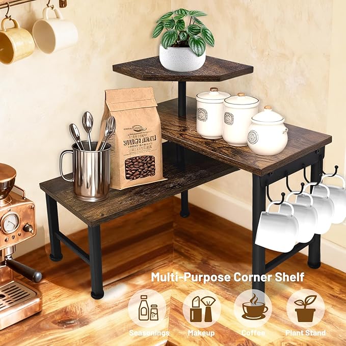 Uniqcovosa Kitchen Countertop Organizer, 3 Tier Moveable Corner Shelf Kitchen Shelf with Hook, Countertop Organizer for Bathroom, Spice Rack, Bookshelf, Coffee Area, Dresser Table (Brown)