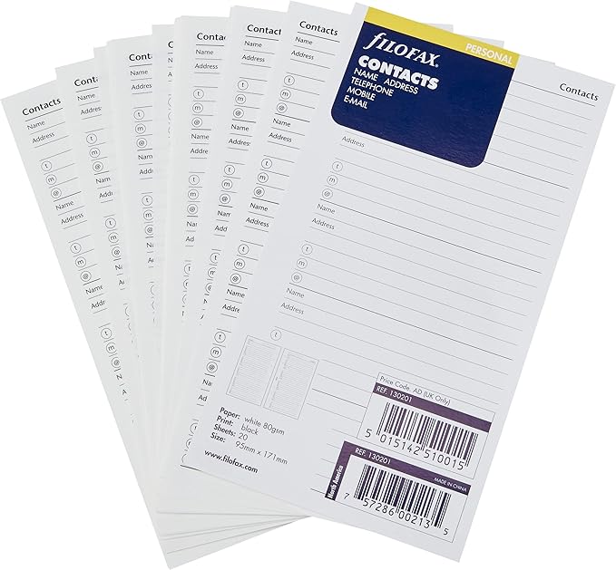 FILOFAX Name/Address/Telephone Refill for Personal & Personal Compact Size, 20 Sheets, White (B130201)