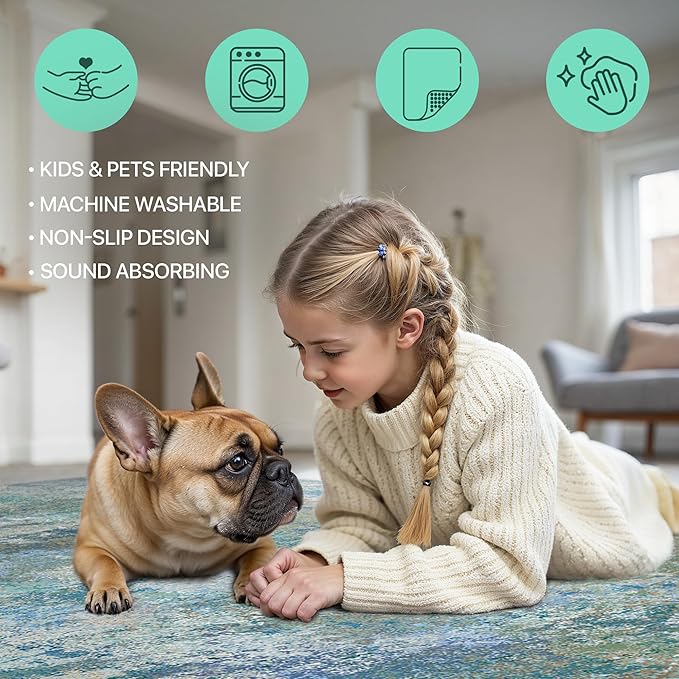 GENIMO Washable Rugs 8x10 Area Rugs for Living Room Bedroom, Modern Lightweight Rug Ultra Soft Indoor Area Rugs 8x10 for Dining Room, Low Pile Carpet with Non Slip Backing, Blue Green