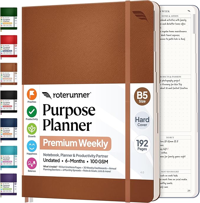 Roterunner Purpose Planner Notebook B5 7.5”x9.8” Undated 2026 Daily Weekly and Monthly Productivity Goal Setting Tool for Work Home ADHD for Adults Self Care Journal
