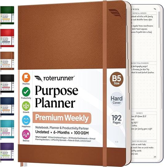 Roterunner Purpose Planner Notebook B5 7.5”x9.8” Undated 2026 Daily Weekly and Monthly Productivity Goal Setting Tool for Work Home ADHD for Adults Self Care Journal