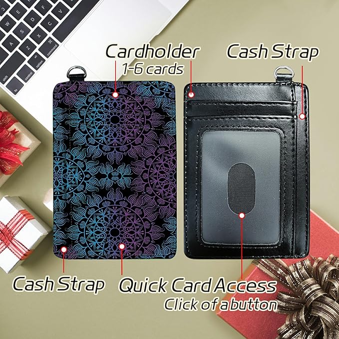 BWEGRHE Small Travel Wallets, Purple Blue Mandala Slim Minimalist Front Pocket Wallet with Wristlet, RFID Blocking PU Leather Credit Card Holder with ID Window Change Purse for Men Women