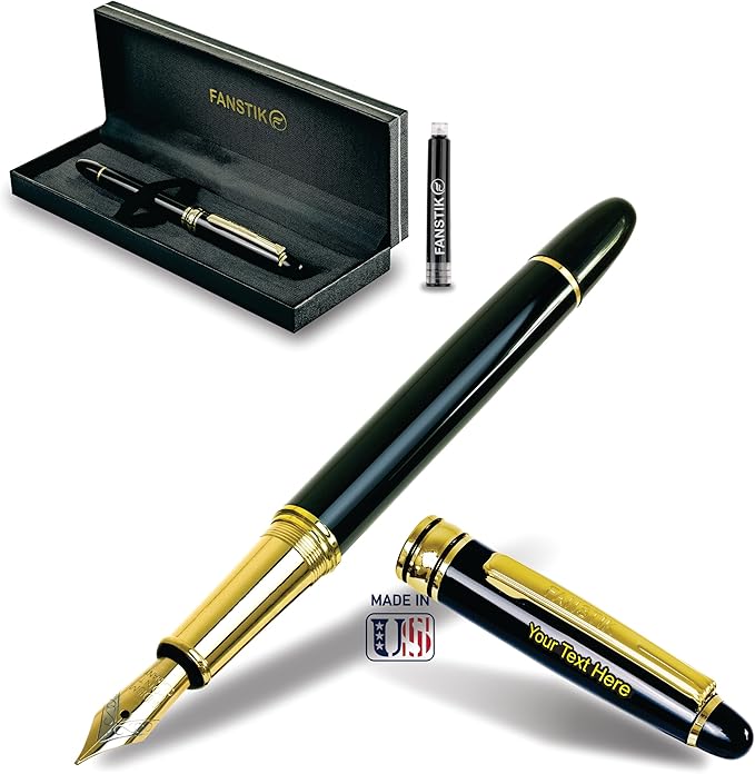 FANSTIK, Customized Fountain pen with name (MADE IN USA), stainless steel, black and gold, luxury engraved pen personalized for men and for women. (Fountain Black-Gold)