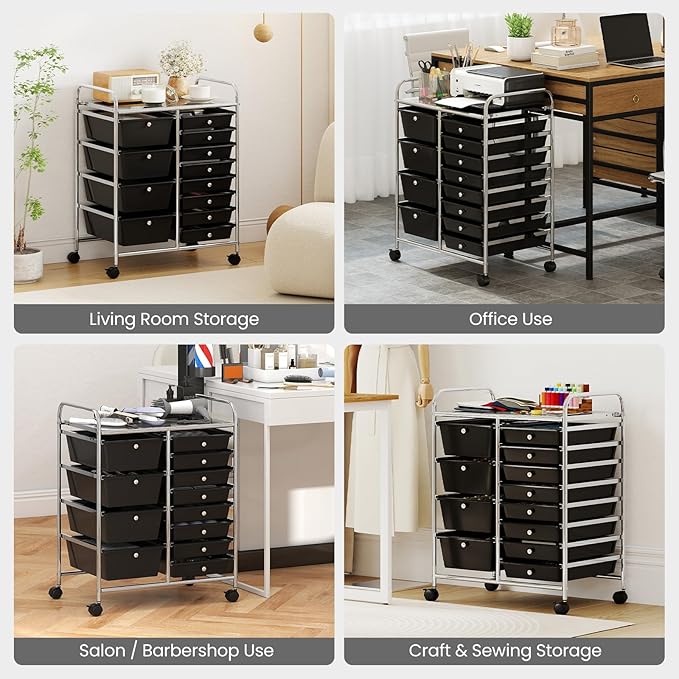 LDAILY 12 Drawer Rolling Storage Cart, Rolling Cart with Drawers for Classroom, Art Supply Craft Organizer on Wheel with Metal Frame & Handles for Home Office School (Black, 12 Drawer Left-Right)